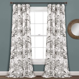 Lush Decor, Gray and White Botanical Garden Curtains Floral Bird Print Room Darkening Window Panel Drapes Set for Living, Dining, Bedroom (Pair), 95" x 52"