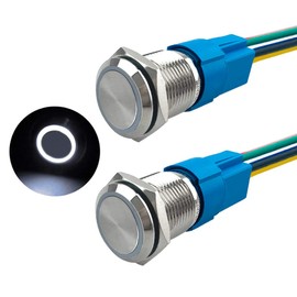 Aiqeer Pack of 2 16 mm Momentary Pressure Switch, 12 V/24 V 5 A Car Ignition Starter Switch, IP67 Waterproof Stainless Steel Pressure Switch, with Pre-Wired Socket (White LED)