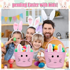 Brbecon Easter Bunny Basket for Kids with Name Tag, Pink Small Woven Easter Basket for Girls, Easter Egg Hunt Baskets Bags Easter Gifts Basket for Girls Baby Kids Children 9.8 x 7.8 x 7.8"
