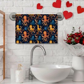 UNDAHIS Colorful Octopus Hand Towels 2 Pieces, 14.5×28in Soft Microfiber Cute Cartoon Octopus Towels for Home Bathroom Decor, Kitchen Hand Towel for Cleaning Drying, Absorbent Face Bath Towel Set