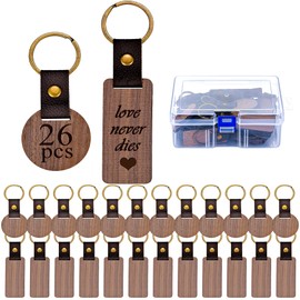 Yoption 26 Pcs Leather Wood Keychain Blanks, Rectangle and Round Blank Wood Engraving Keychain with Leather Strap, Unfinished Wooden Keychains for for DIY Gift Crafts