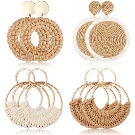 Handmade Raffia Rattan Bohemian Round Drop Dangle Earrings Set 4 Pairs Beach Essentials Dangle Fashion Lightweight Summer Statement Hoop Dangle Drops Straw Earring - Vacation Essential