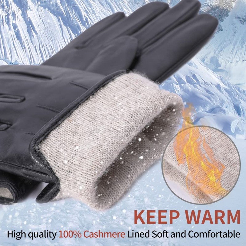 MGGM collection Men's Leather Gloves Touchscreen Cashmere Lined, Black, M,