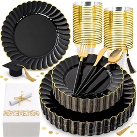 Ciaell 175 PCS Black Scalloped Plastic Plates with Gold Trim - Black Plastic Silverware with Handle - Fancy High-End Dinnerware Sets for Wedding & Party
