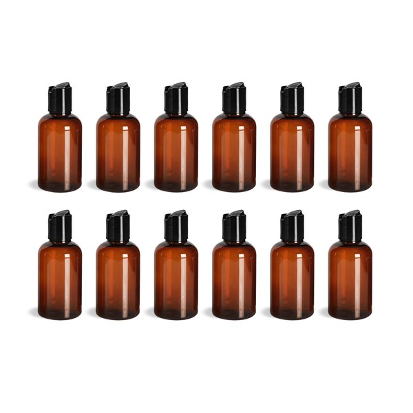ljdeals 2 oz Amber PET Plastic Refillable Bottles with Black Disc Top Caps, Pack of 12, BPA Free, TSA Approved, Made in USA