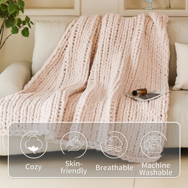 Taisier Home Cloud Chunky Knit Blanket Throw, 40"x50" Chunky Knit Throw Blanket for Couch, Bed, 100% Hand Made Chenille Throw Blanket, Soft Fluffy Cable Knit Blanket Warm Machine Washable