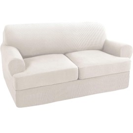 Turquoize 3 Piece T Cushion Loveseat Slipcovers Sofa Cover for 2 Cushion Couch Cover Washable Sofa Slipcover Furniture Covers with 2 Individual T Cushion Seat Covers (2 Cushion Loveseat, Ivory)