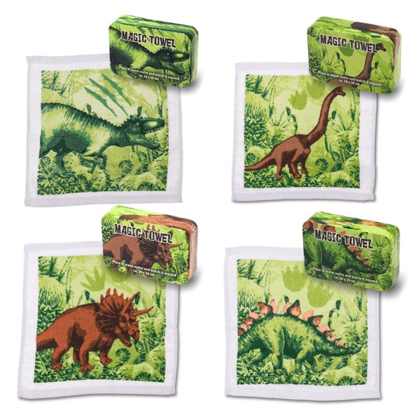 Bada Bing Set of 4 Magic Hand Towels Dinosaur Magical Cotton Wash Cloth Dino Magic Towel for Children Approx. 30 x 30 cm Guest Gift Children's Birthday Party