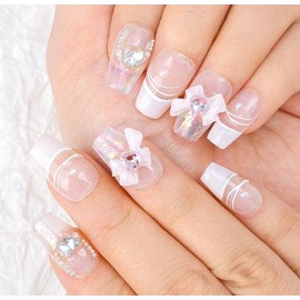 Sethaxy Handmade Nail Tip, Short Ballerina Tip, Mermaid Scales, 3D Relief, Press-On Nail, Heart Pattern, Rhinestone False Nails, Butterfly, Pearl, 3D Nails, Aurora, Bowknots, French Rose, Fake Nails,