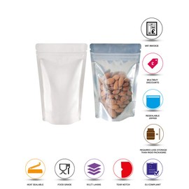 Rightpak Stand Up Pouches 100 Pieces 11cm x 17cm, White Shiny One Side Clear Heat Sealable Tear Notches Smell Proof for Food Storage with Ziplock