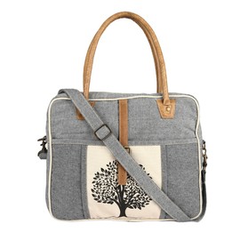 Tree Upcycled Canvas Shoulder Bag | Canvas Messenger Friendly Tote | Cowhide Tote Crossbody Bag with pockets | Adjustable Strap | HandBag for Women| Zip Closure (Grey)