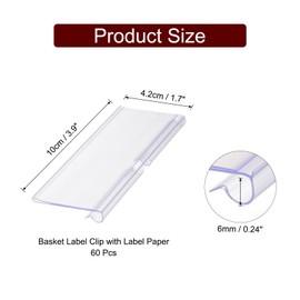 sourcing map 60pcs Basket Labels Clip 3.9 x 1.7 Inch Plastic Removable Storage Bin Labels Tags with Label Papers for Baskets, Storage Closet, Cube Box, Cloth Bins, Food Pantry, Clear