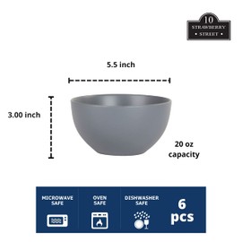 10 Strawberry Street Wazee Matte 5.5"/16oz Cereal Bowl, Set of 6, Charcoal Gray