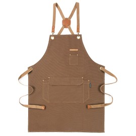 Chef Apron for Men Women with Pockets, Cross Back Apron for Kitchen Cooking Baking Artist Painting, Cotton Canvas Work Aprons for Shop, Garden, Restaurant, Bartender, Barista (M to XXL, Brown)