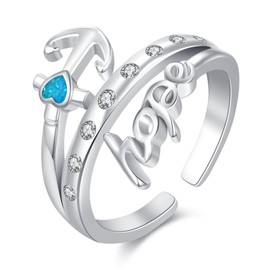 TakNii Anchor Hope Rings 925 Sterling Silver Blue Opal Adjustable Rings Faith Nautical Jewelry Gifts for Women Anniversary Birthday (#8)