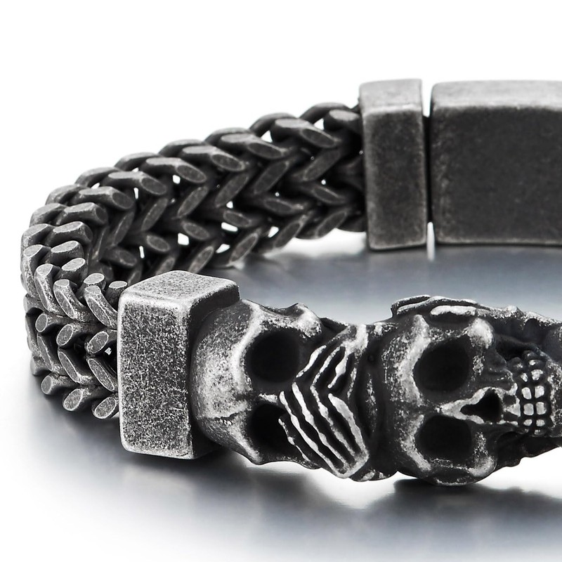 Men's Stainless Steel Three Wise Skulls Bracelet, Heavy-Duty Woven Wheat
