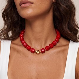 Forgreafa Red Chunky Beaded Necklace for Women Vintage Ruby Burgundy Boho Statement Necklace Big Resin Bead Choker Deep Red Summer Jewelry Gifts