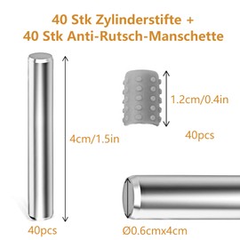 Pack of 40 Shelf Brackets, Diameter 6 x 40 mm Shelves Pins, Bearing Steel Cylinder Pins with 40 Non-Slip Cuffs, Floor Support Pin Metal Shelf Pins for Cabinets Furniture Shelf Supports