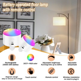 Battery Operated Cordless Lamp with Remote Control - Dimmable Modern Tall Standing Lamp with Linen Shade - 3 Color Temperatures LED Bulb Included