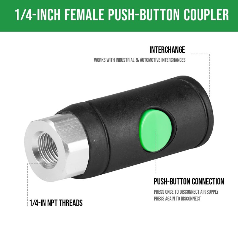 RayMagic 1PCS 1/4" Female Industrial Air Coupler, Push-Button Safety Coupler,
