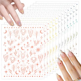 Ptwola 12 Sheets Star Nail Art Stickers 3D Self Adhesive Aurora Silver Gold Moon Star Decals for Nail Art Design Decoration Accessories for Women