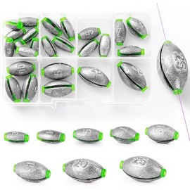 GTHREEJIN 25 Pcs Elliptical Sea Fishing Weights with Plastic Core, Drop Bass Weights Sinker Kit 8 Sizes, Casting Fishing Oval Sinkers,for Carp, River, Saltwater, Freshwater