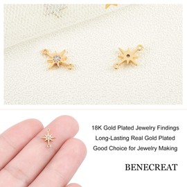 BENECREAT 20PCS 18K Gold Plated Star Cubic Zirconia Link Connectors 11.5x8.5x1.8mm Brass Links Pendant Charms for Bracelet Necklace Jewelry Making, Hole: 0.8mm