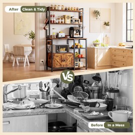 IRONCK Bakers Rack with Storage Cabinet, Microwave Stand Power Outlets, Kitchen Bakers Rack with Shelves, Coffee Bar, 8 Hooks, Rustic Brown