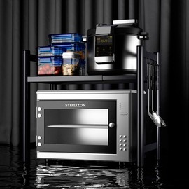 LFGKeng Microwave Oven Rack, Double Layer Carbon Steel Adjustable Microwave Shelf, Toaster Rack Heavy Duty Stand Kitchen Countertop Organizer, 55 lb Load Bearing, 2 Tier with 6 Hooks (Black)