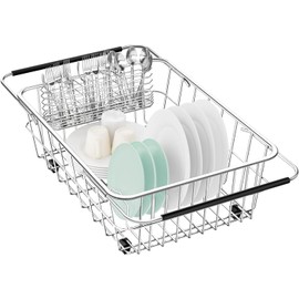 Fanbsy Large Dish Drainer Rack in Sink Adjustable, Expandable 304 Stainless Steel Metal Dish Drying Rack Organizer with Stainless Steel Utensil Holder Over Inside Sink Counter, Rustproof