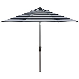 SAFAVIEH 9ft Outdoor Patio Umbrella, Round, Iris Collection, Black & White Stripe, Auto Crank Tilt, UV Resistant for Deck, Backyard, Poolside