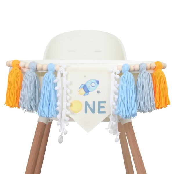 Outer Space High Chair Tassels Banner，Planets Astronaut Rocket 1st Birthday