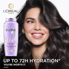 L'Oreal Paris Elvive Hyaluron Plump Champú hidratante para cabello deshidratado y seco infundido con complejo de cuidado de ácido hialurónico, sin par