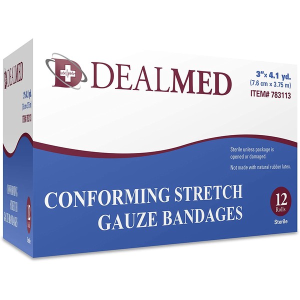Dealmed 3" Sterile Conforming Stretch Gauze Bandages, 4.1 Yards Stretched, 12 Rolls/Box - 96 Count