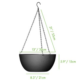 WOUSIWER 13 inch 2Pack Large Hanging Planters for Outdoor Indoor Plants with Drainage Holes and Chain, Round Hanging Flower Pots for Garden Home Porch Decor, Black