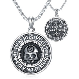 Seiyang Memento Mori Necklace 925 Sterling Silver Skull Coin Pendant Gothic Tree of Life Charm Amor Fati Jewelry Reminder Death Gift for Men Women