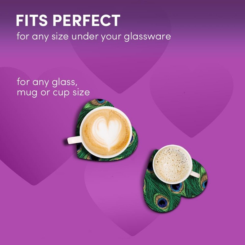 2 x Heart Coasters - Peacock Feather Design Bird Pattern