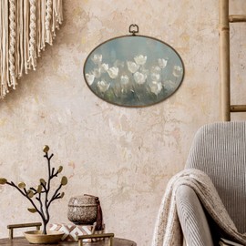 Sviojuce White Tulip Floral Oval Wall Art Decor 8.7x11.3, Cottagecore White Flowers Framed Canvas Prints Wall Artwork, Vintage Botanical Wall Hanging Decor for Bedroom Living Room Decorations