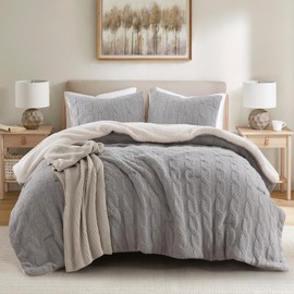 Madison Park Ellis Cable Knit Comforter Set – Soft Fluffy Chenille with Sherpa Reverse, Cozy Sweater-Inspired Texture, Oeko-Tex Certified, King,Grey