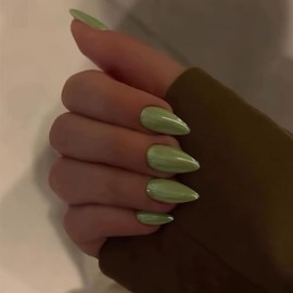 Green Glazed Donut Press on Nails Almond, Grass Green Chrome Nails Press ons for Women, Thick Aurora Glue on Nails Medium Length, Reflective Mirror Shinny Acrylic Nails Light Weight & Fit Perfectly