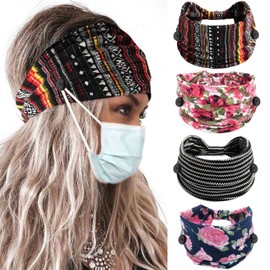 Olbye Leopard Button Headband Wide Elastic Nurse Head Bands Workout Yoga Sports Hair Band Non Slip Turban Headwrap Mask Ear Saver Sweatband Boho Hair Accessories for Women and Girls 4Pcs (#5 Floral)