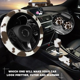 JINGSEN 11-Piece Fluffy Car Accessories Set, Fluffy Cow Print Plush Steering Wheel Covers, Soft Fleece Handbrake & Shift Cover Set, Warm Non-Slip Car Trim Decoration (Brown)