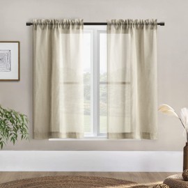 Rustic Curtains for Kitchen Window,Rod Pocket Linen Sheer Country Curtains for Short Windows,2 Panels Set,42 Inch Long,Tan