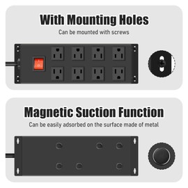 HHSOET Metal Magnetic Power Strip, 8 Outlet Mountable Socket, Wall Mount Heavy Duty Surge Protector, Catering for Your Every Need, Gaming Table Outlet with 15 FT Power Cord.(Black)