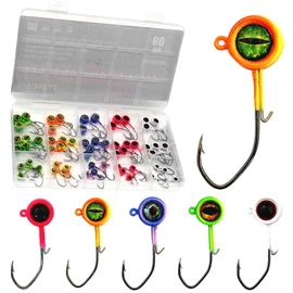 FINOSEAK 60Pcs Big Eye Crappie Jig Heads Kit, Bright Color Panfish Crappie Jigs Hook, Round Fishing Jig Head with Wired Bait Keeper 3 Sizes Assorted 1/32oz 1/16oz 1/8oz