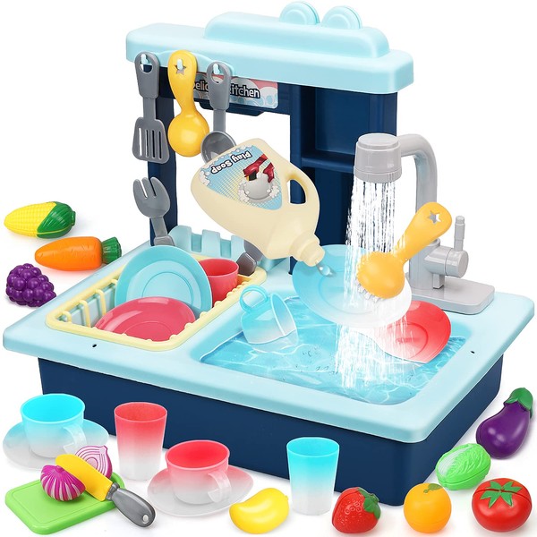 STEAM Life Kids Play Sink with Running Water Kids Toddler Sink Toy with Running Water Electric Dishwasher Includes Play Foods Upgraded Automatic Faucets & Color Changing Utensil Pretend Kitchen Play