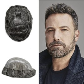 PUNRU HAIR Toupee Hair System for Mens Hairpiece 0.1mm Full Poly Skin Men's Toupee Human Hair Replacement System Durable Hairpieces for Men #1B50#1B Off Black+50% Gray 8x10 120% Density