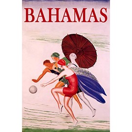 WONDERFULITEMS Bahamas Summer Beach Happy Women Playing Ball Sun Umbrella Travel 16" x 24" Image Size Vintage Poster repro Canvas Rolled up. We Have Other Sizes