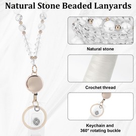 Maahongh Retractable Teacher Beaded Lanyards for Id Badges Keys, Natural Stone Beaded Lanyards for Women, Breakaway Cute for Cruise, School, Office(White Howlite)