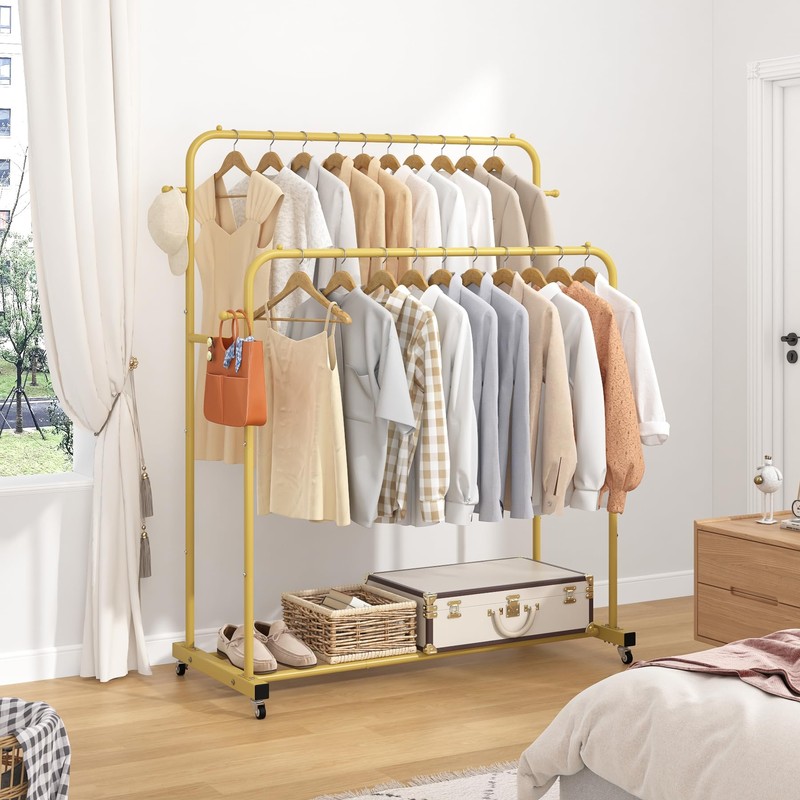 Laiensia Double Rods Garment Rack with Wheels, Clothing Rack for